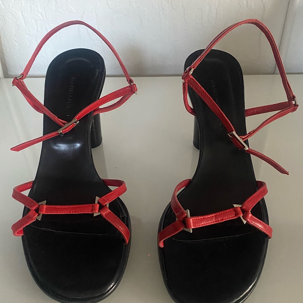 BARBARA BUI Strappy Leather Heeled Sandal in Red: Sz 6.5